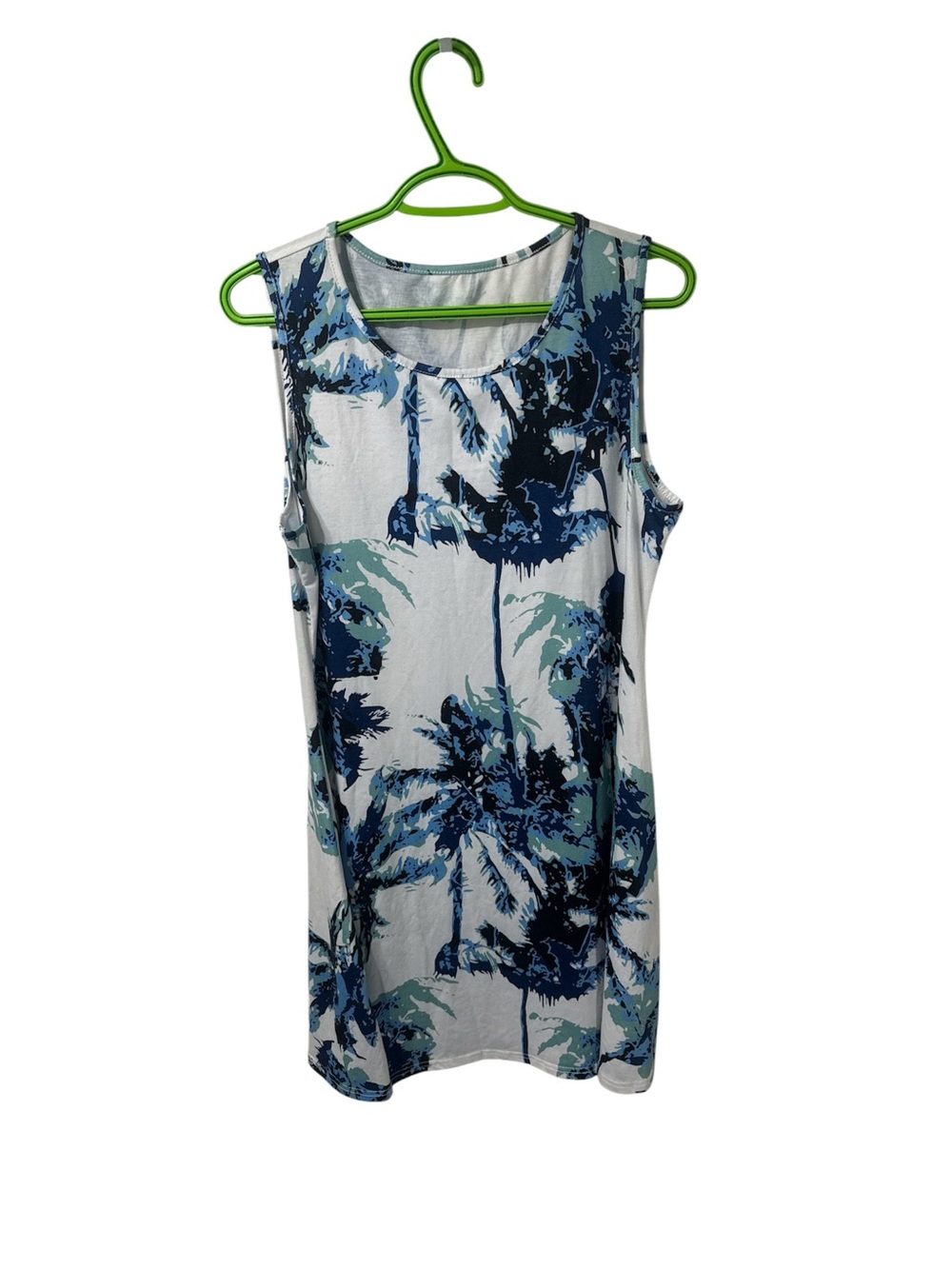 WOMEN’S Tropical Palm Print Sleeveless Dress Blue White Size L